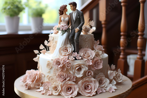 bride and groom with white dress, wedding table setting wedding cake and decoration rings