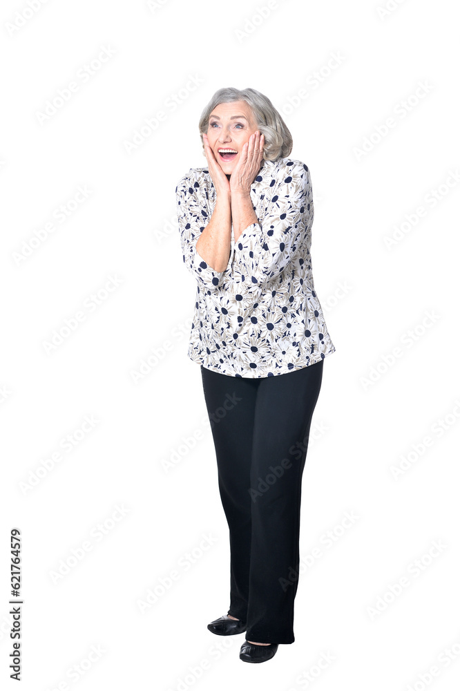 full length, happy senior woman posing isolated on white background full length, happy senior woman posing isolated on white background