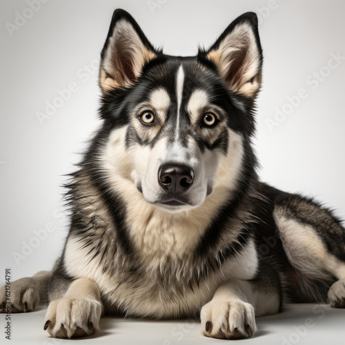 A Siberian Husky (Canis lupus familiaris) with dichromatic eyes posing elegantly.
