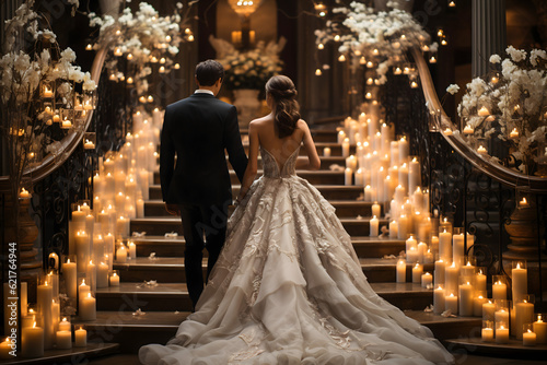 Fotografija bride and groom with white dress, wedding table setting wedding cake and decorat