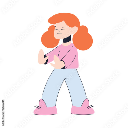 Little Redhead Girl Showing Stop and Deny Gesture Vector Illustration