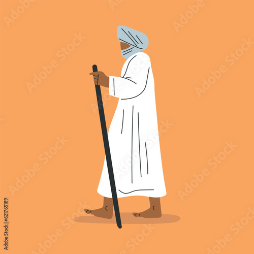 Man Tourist Hiking in Desert Walking with Cane and Barefoot Vector Illustration