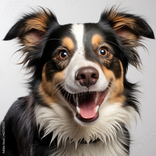 A playful Border Collie puppy (Canis lupus familiaris) with a tri-color coat, enjoying a fun moment. © blueringmedia