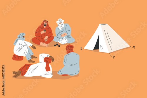 Man Tourist Camping in Desert Sitting and Talking Near Tent Drinking Tea Vector Illustration