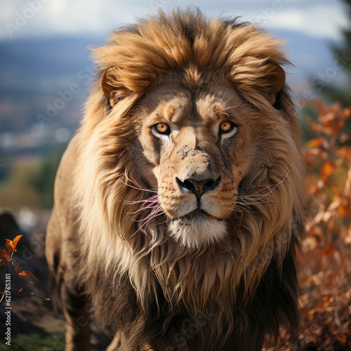 A majestic lion  Panthera leo  roaming the grassland with a commanding presence. Taken with a professional camera and lens.