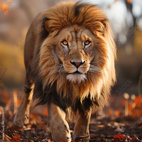 A majestic lion  Panthera leo  roaming the grassland with a commanding presence. Taken with a professional camera and lens.