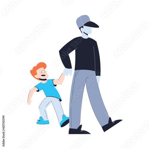 Suspicious Man Stranger Pull Little Boy by Hand Vector Illustration