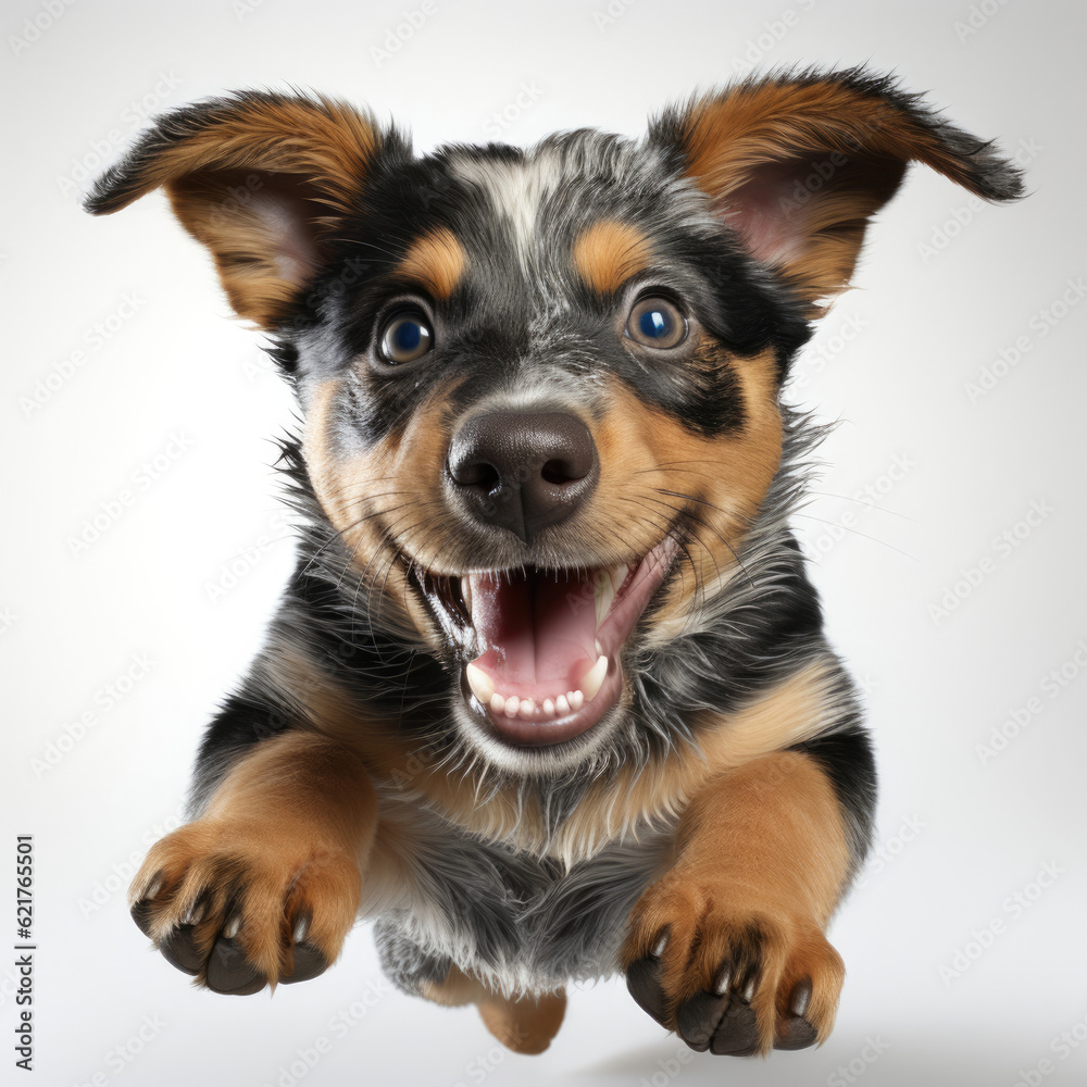 An energetic Blue Heeler puppy (Canis lupus familiaris) jumping in mid-air.