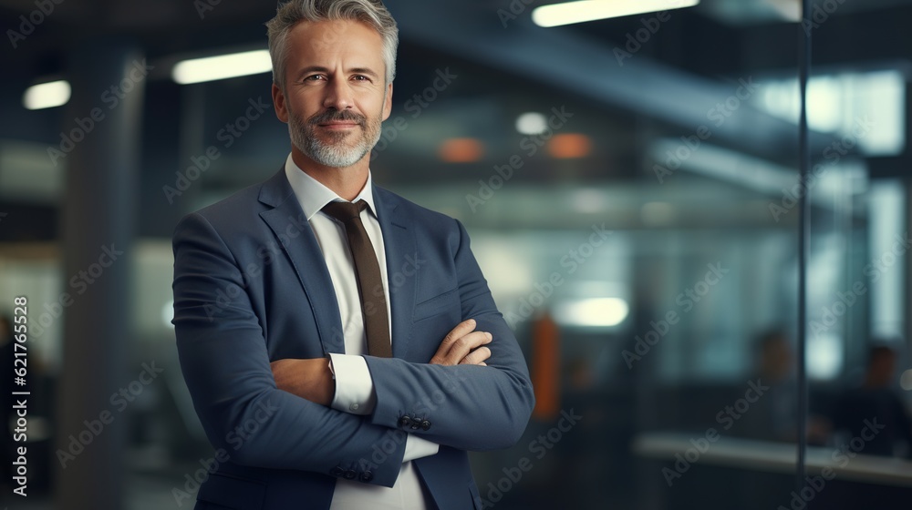 Portrait of a handsome businessman in his standing in a modern office. A successful senior entrepreneur in formal attire looks at the camera. Portrait of a handsome businessman in his standing in a modern office. A successful senior entrepreneur in formal attire looks at the camera.