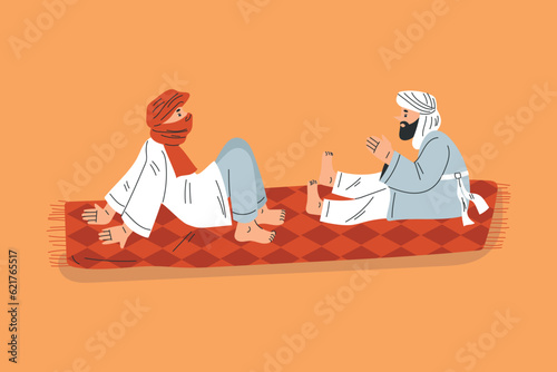 Man Tourist Camping in Desert Sitting and Talking on Blanket Vector Illustration