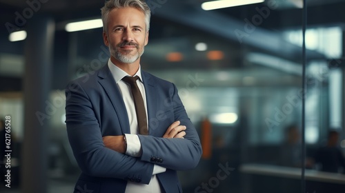 Portrait of a handsome businessman in his standing in a modern office. A successful senior entrepreneur in formal attire looks at the camera.