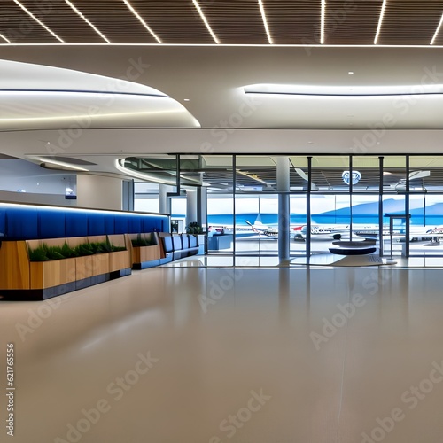 56 A sleek and modern airport terminal with minimalist design, efficient security checkpoints, and expansive windows offering runway views1, Generative AI photo