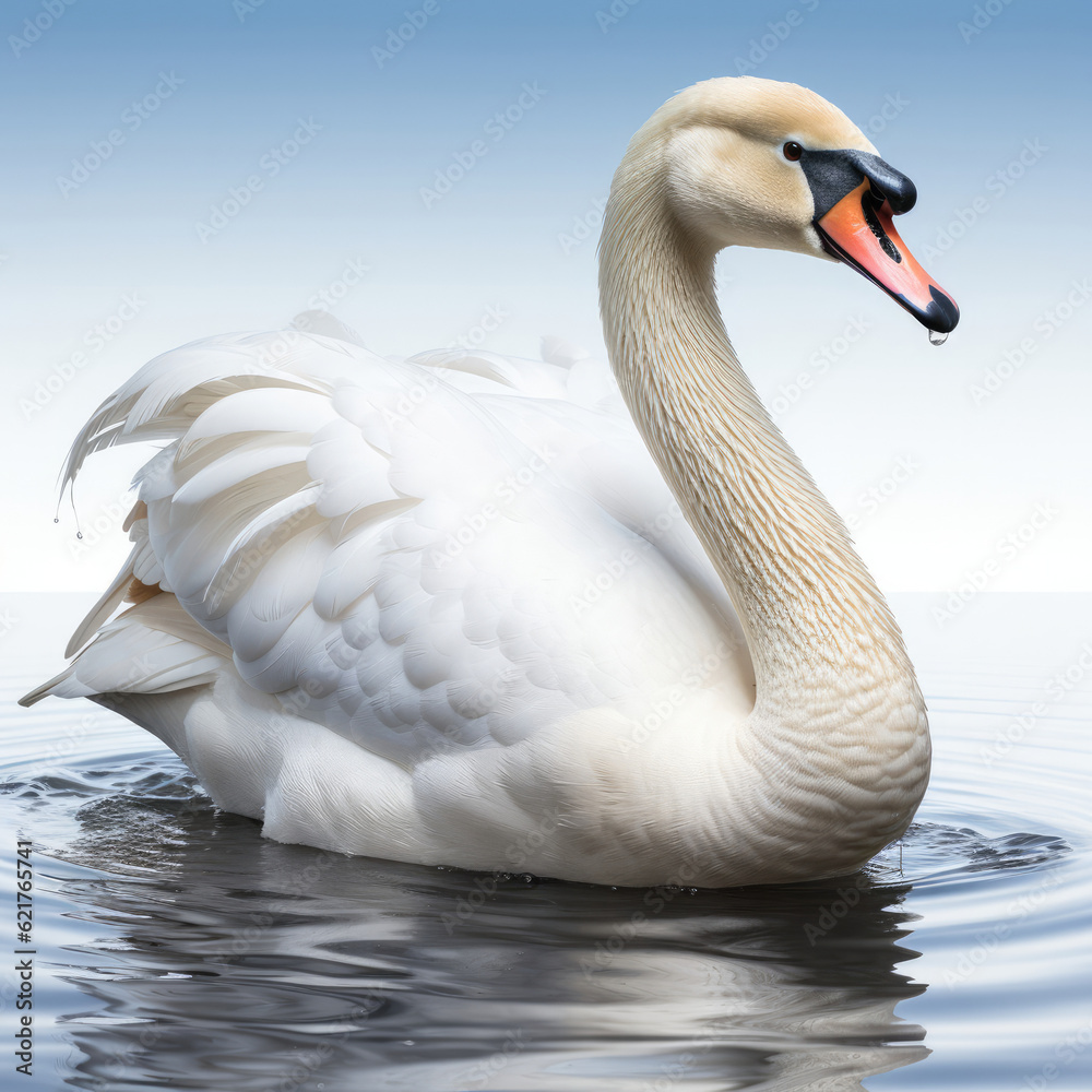 Naklejka premium A majestic swan gracefully gliding on calm water.