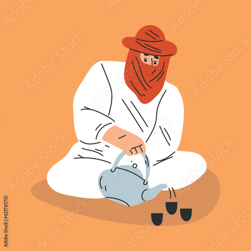 Man Tourist Camping in Desert Sitting and Pouring Tea in Cups Vector Illustration