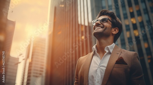 Happy wealthy rich successful indian business man standing in big city modern skyscrapers street on sunset thinking of successful future vision, dreaming of new investment opportunities