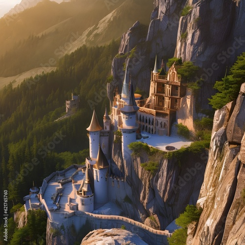 48 A medieval-inspired fantasy castle nestled atop a mountain peak, complete with towering spires, secret passageways, and a majestic throne room4, Generative AI photo