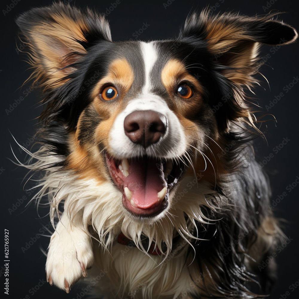 A Border Collie puppy (Canis lupus familiaris) jumping in mid-air with a tricolor coat, full of energy and enthusiasm. A Border Collie puppy (Canis lupus familiaris) jumping in mid-air with a tricolor coat, full of energy and enthusiasm.