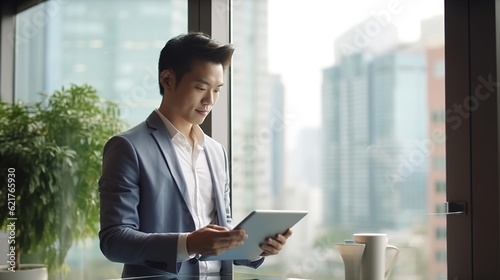 Professional young Asian businessman using tablet standing at window. Japanese business man executive working with fintech device, checking digital marketing ecommerce business project, generative ai photo