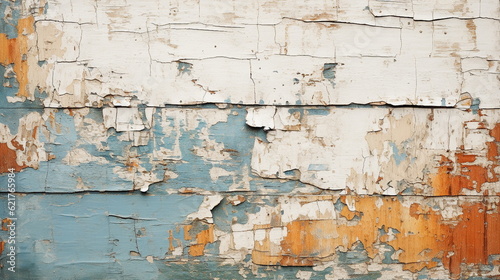 close-up of old paint peeling off wood panels