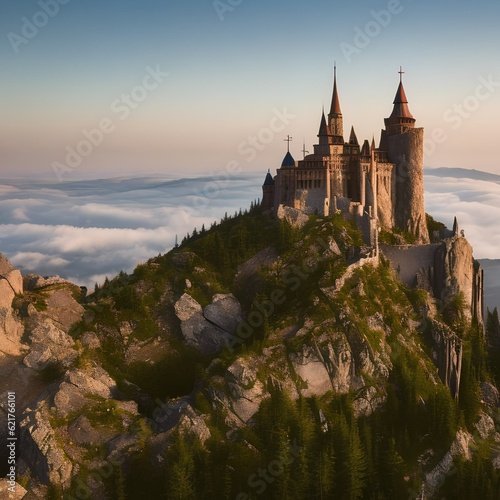 48 A medieval-inspired fantasy castle nestled atop a mountain peak, complete with towering spires, secret passageways, and a majestic throne room3, Generative AI