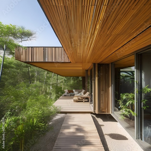 9 An eco-friendly bamboo house designed to seamlessly blend with its natural surroundings, featuring sustainable materials and innovative energy solutions2, Generative AI