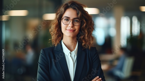 Businesswoman in her standing in a modern office. A successful entrepreneur in formal attire looks at the camera.