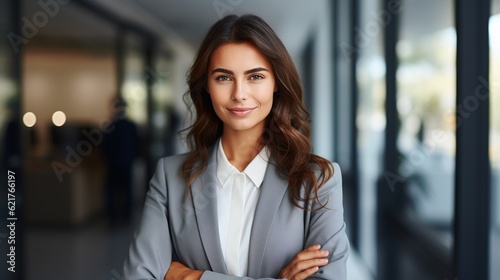 beautiful businesswoman in her standing in a modern office. A successful entrepreneur in formal attire looks at the camera.