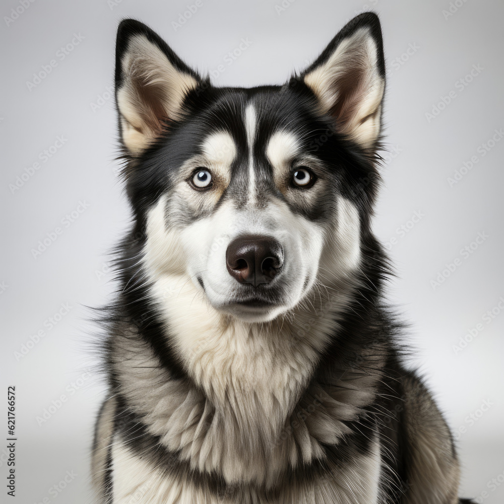 A striking Siberian Husky (Canis lupus familiaris) with dichromatic eyes. A striking Siberian Husky (Canis lupus familiaris) with dichromatic eyes.
