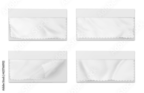 Zigzag fabric swatch piece sample vector mockup. Realistic 3d isolated blank tailor sewing textile template on notepad frame. Canvas swatches clipart for moodboard set. Fashion cloth material design