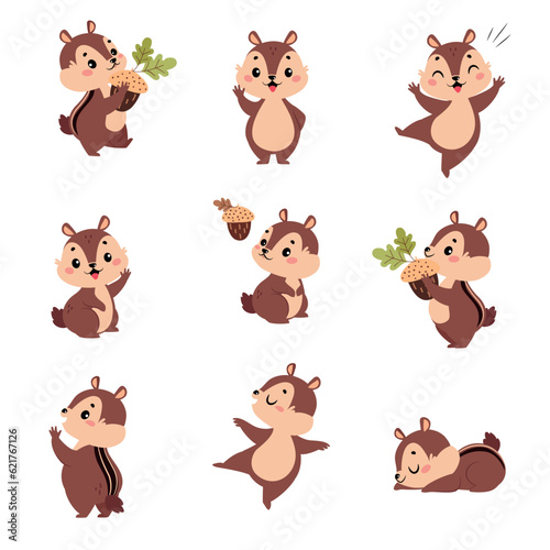 Fototapeta Naklejka Na Ścianę i Meble -  Funny Chipmunk Character with Cute Snout Engaged in Different Activity Vector Set