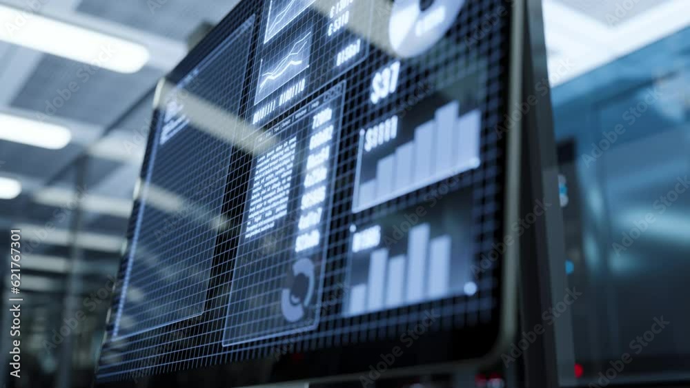 Scientific computer in a laboratory with displayed charts and programming language programs. 3d render
