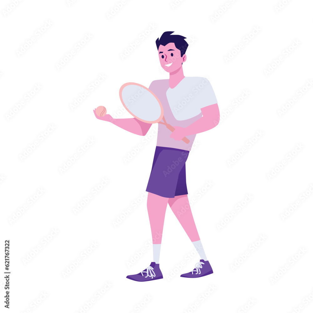 Young man tennis player with racket and ball in his hand, vector cartoon illustration isolated on white background. Young man tennis player with racket and ball in his hand, vector cartoon illustration isolated on white background.