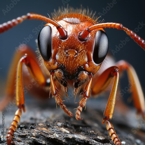 A magnified macro shot of a worker ant showcasing its tiny details and structured body. © blueringmedia