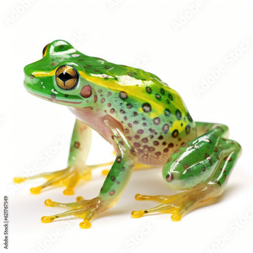 A glossy Glass Frog (Centrolenidae) in a reflective pose. photo