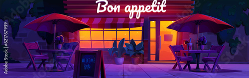 Outdoor street restaurant at night vector background scene. City cafe or bar building facade with light in window. Romantic terrace in town evening landscape. Open cafeteria lights near roses on table