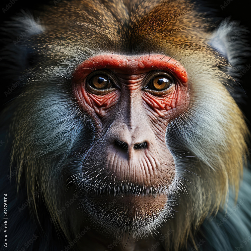 A powerful closeup shot of a mandrill (Mandrillus sphinx) displaying its vibrant colors and striking facial features.