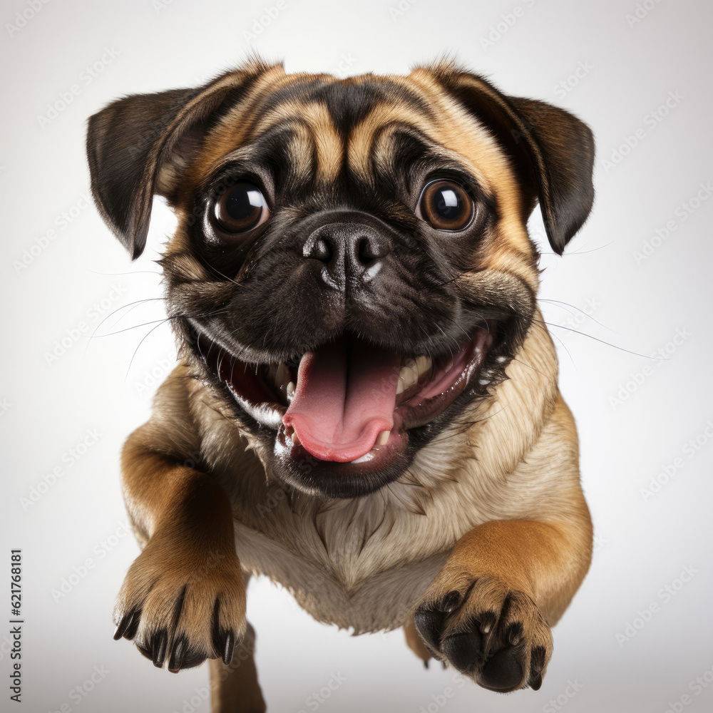 An energetic Pug puppy (Canis lupus familiaris) jumping up in excitement.