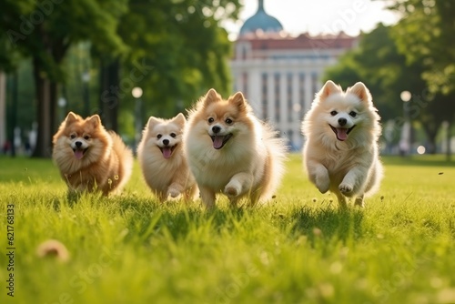 Cute funny dogs running in park. Generative AI