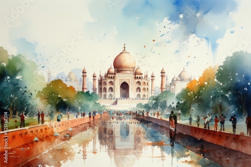 Watercolor Taj Mahal, india independence day. Generative AI