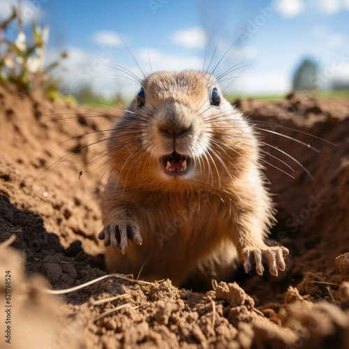 A playful prairie dog (Cynomys) popping out of its burrow in the grassland. Taken with a professional camera and lens. © blueringmedia