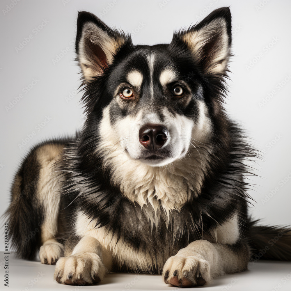 A Siberian Husky (Canis lupus familiaris) with dichromatic eyes in a staring pose. A Siberian Husky (Canis lupus familiaris) with dichromatic eyes in a staring pose.