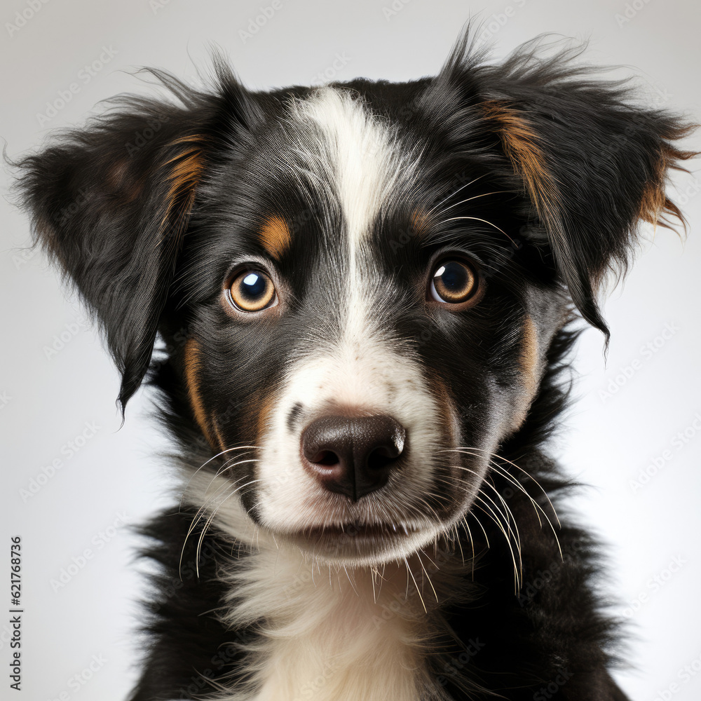 A curious Border Collie puppy (Canis lupus familiaris) with a red and white coat, exploring its surroundings.