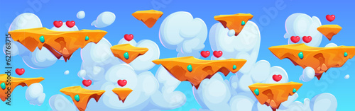 Sky with cloud and floating island game background. Cartoon blue heaven sunny and cloudy scene for runner and jump videogame illustration. Abstract 2d cloudscape nature outdoor arcade decoration