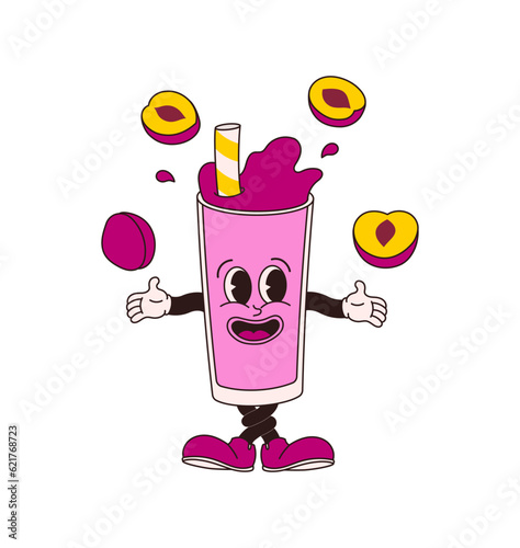 Plum juice glass character in comic cartoon style on transparent background. Hand drawing of funny mascot of honey drink in retro style. Isolated vector illustration of juice, smoothie or wine glass