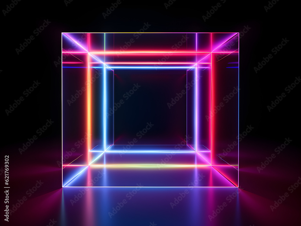 glowing neon glass cube with lines on black background glowing neon glass cube with lines on black background