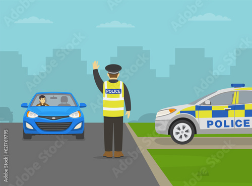 Traffic police officer makes a stop gesture with his hand and pulls over a blue sedan car on a city road. Driver looking at police officer. Flat vector illustration template.