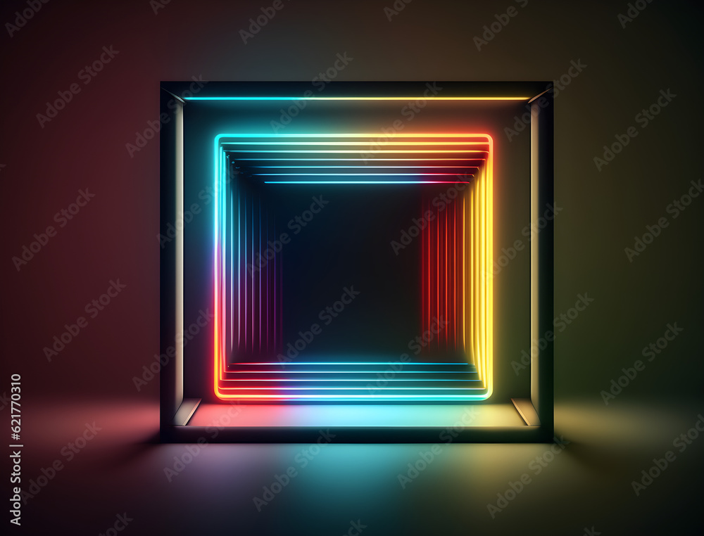 glowing neon cube frame on black background glowing neon cube frame on black background