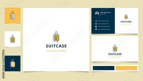 Suitcase logo design with editable slogan. Branding book and business card template.