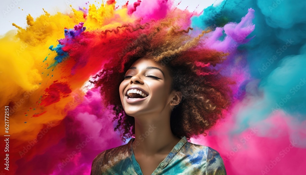 Happy black woman laughing in a cloud of colorful smoke on a white background, having fun, colors,  color explosion, holi, LGBTQ+, party, peace, inclusive, beauty, freedom. Generative AI.