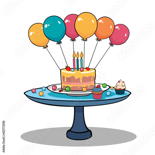 birthday cake with balloons vector illustration